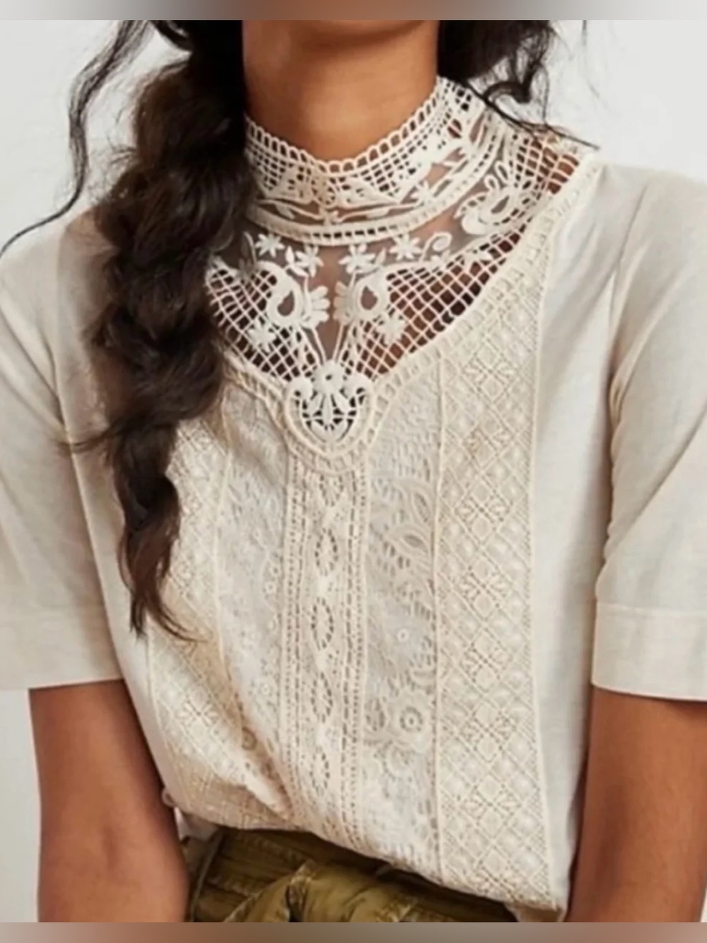 Lace Yoke Cream Blouse with High Neck
